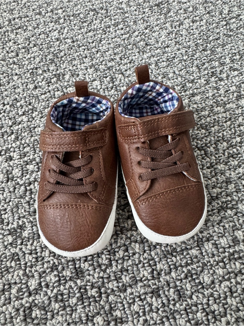 Carter's Brown Faux Leather Toddler Sneakers with Plaid Lining